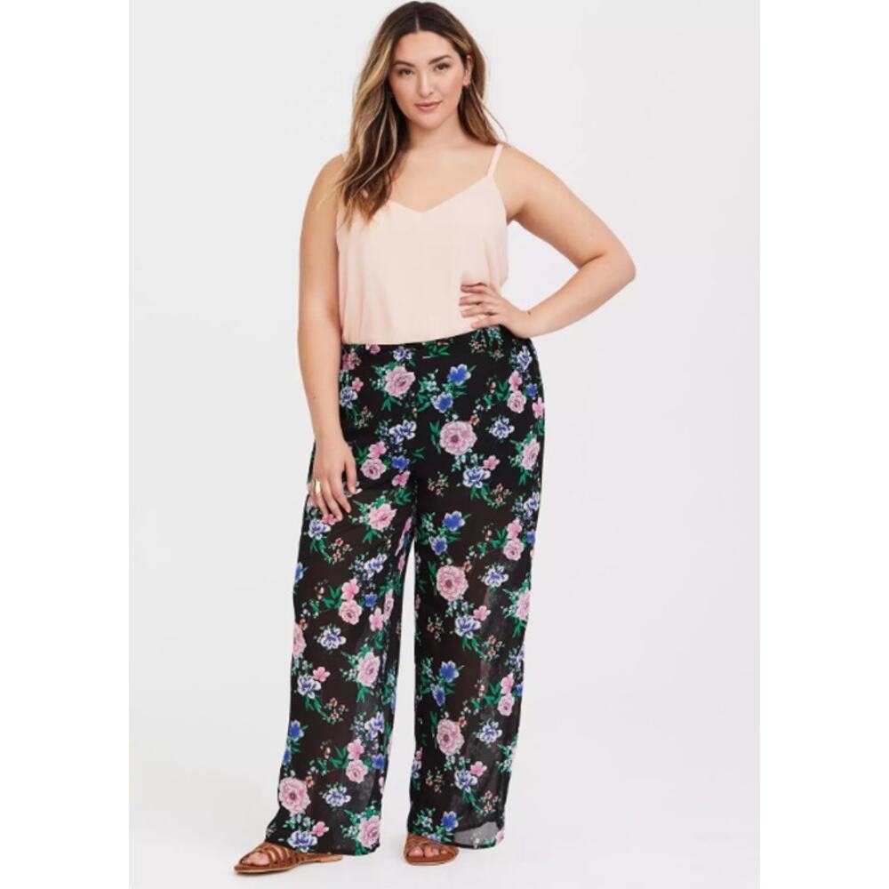 Torrid | Black Floral Chiffon Smocked-Back Elastic Waist Pull-On Wide-Leg Pant